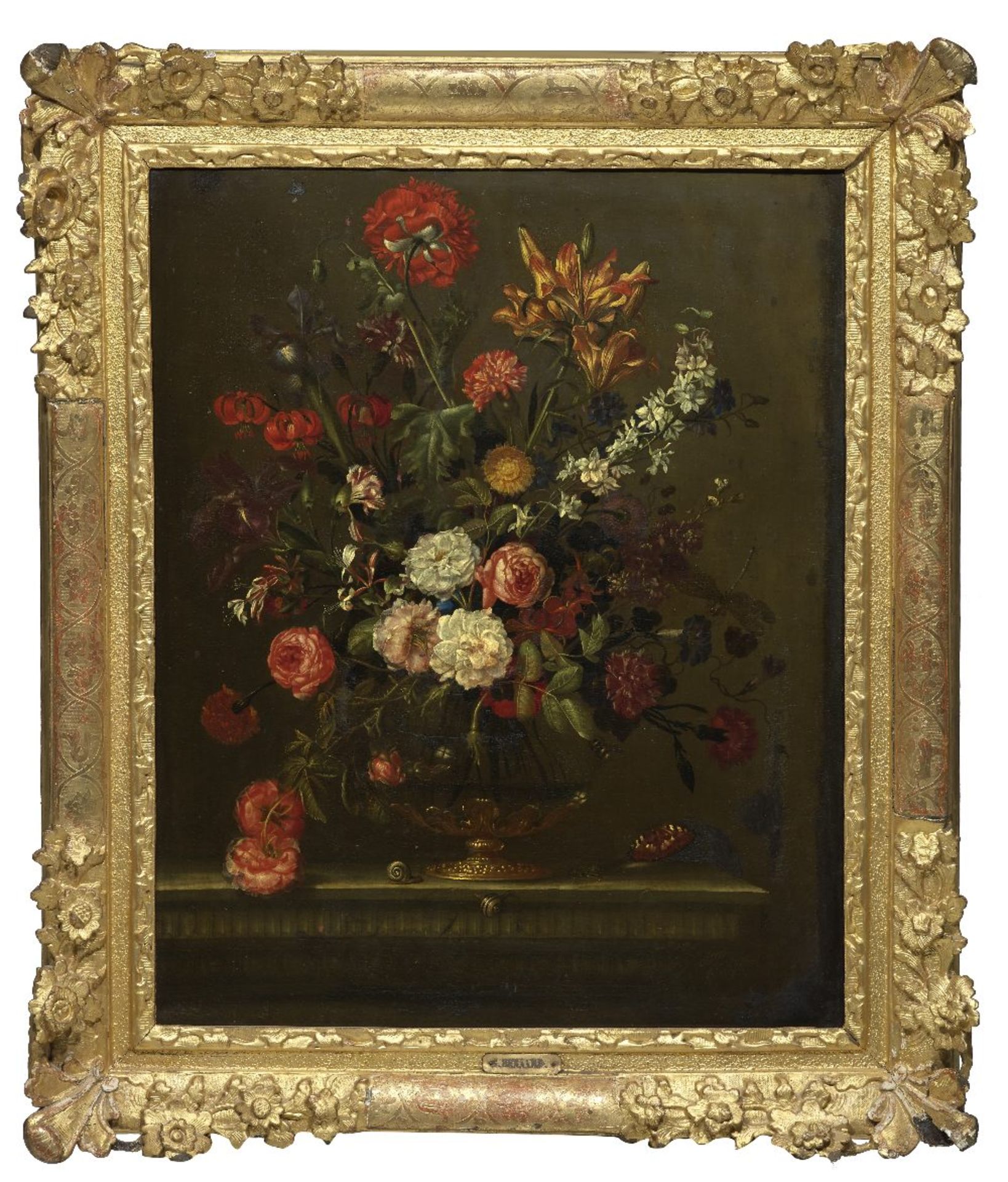 J.S. Bernard (active France, 1657-1667) A still life of roses, carnations, lilies and other flowe... - Image 3 of 4