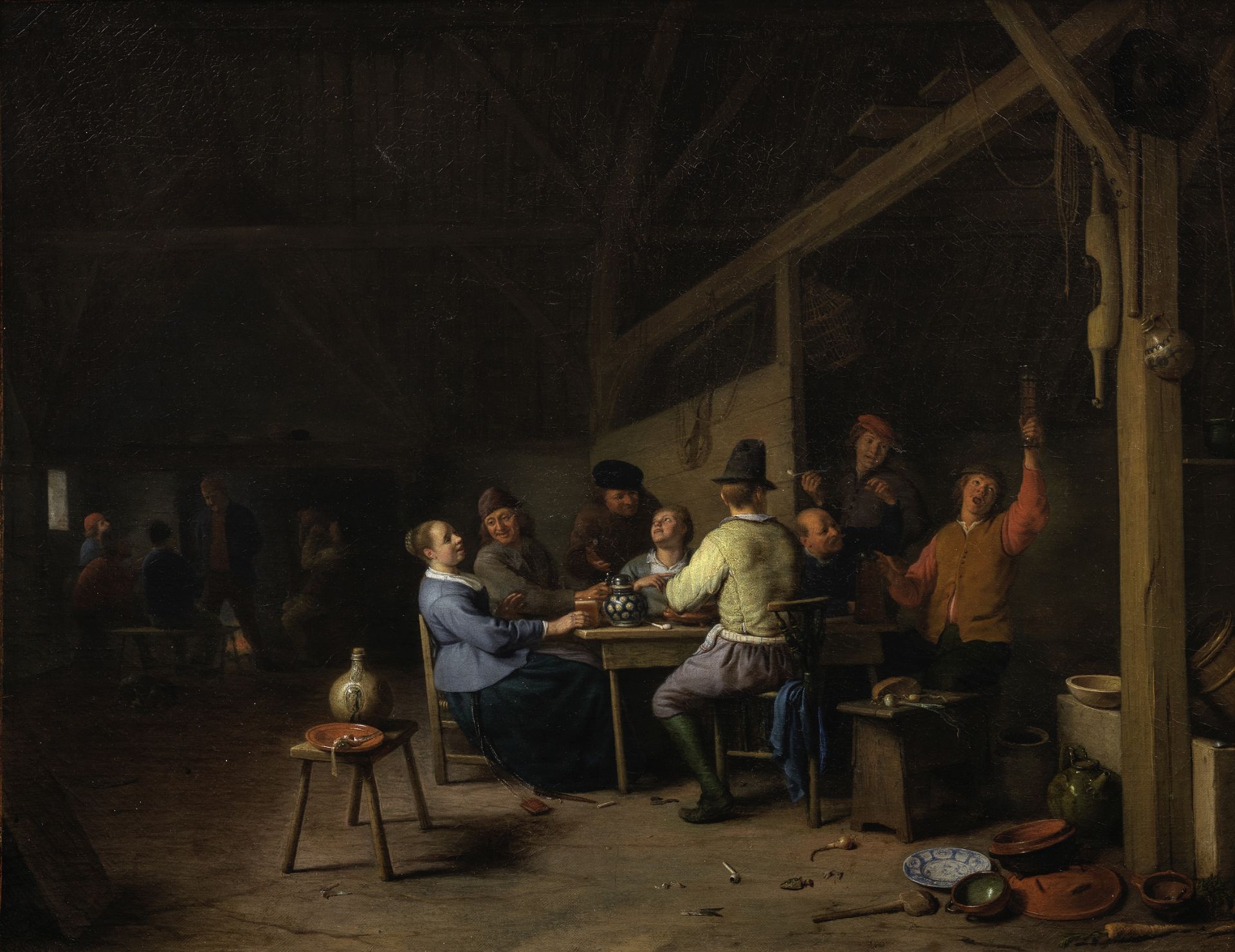 Hendrick Martensz. Sorgh (Rotterdam circa 1610-1670) A tavern interior with peasants drinking and...