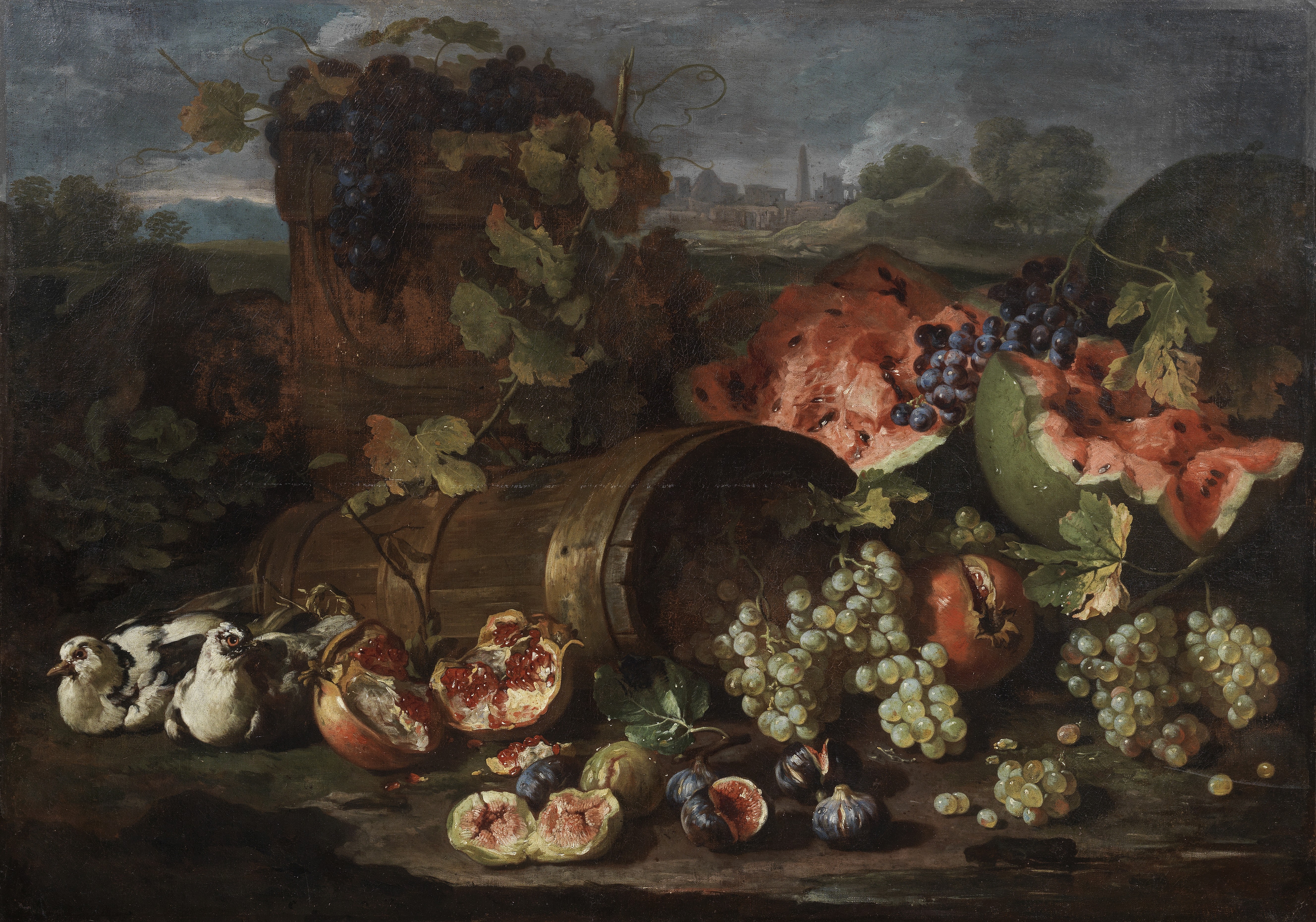 Roman School, early 17th Century An overturned barrel of grapes, with birds, pomegranates, figs ...