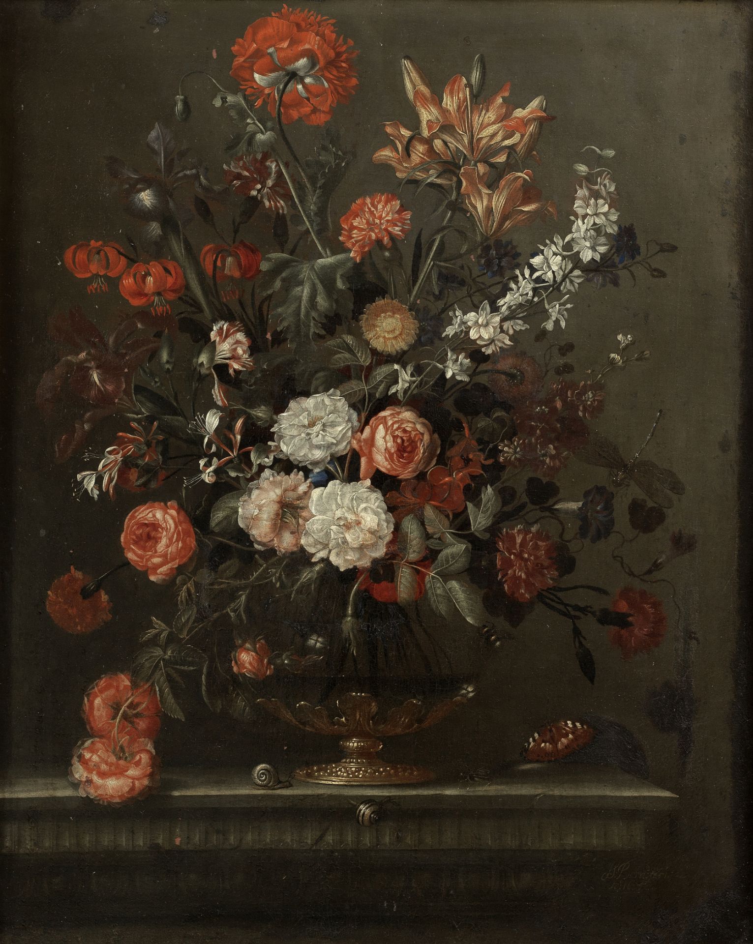 J.S. Bernard (active France, 1657-1667) A still life of roses, carnations, lilies and other flowe...