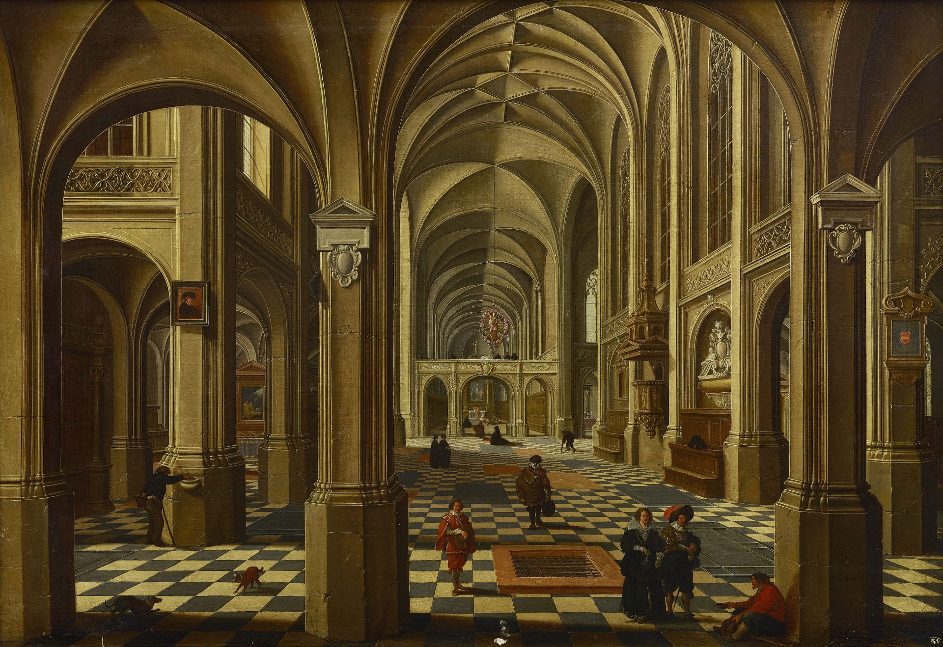 Bartholomeus van Bassen (The Hague 1590-1652) A church interior with elegant figures and dogs