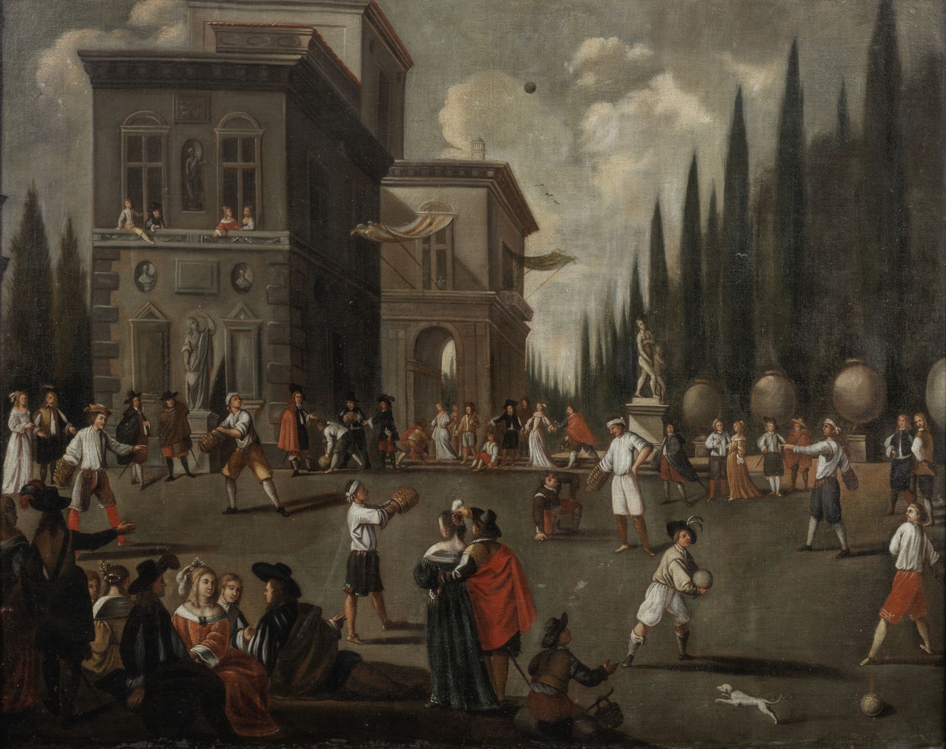 Italian School, 17th Century Figures playing il gioco della palla al bracciale in the grounds of ...