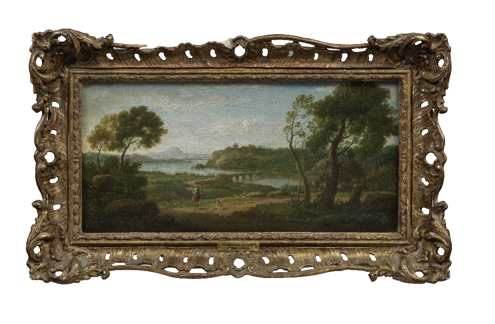 Hendrick Frans van Lint (Antwerp 1684-1763 Rome) An extensive river landscape with travellers on ... - Image 3 of 3