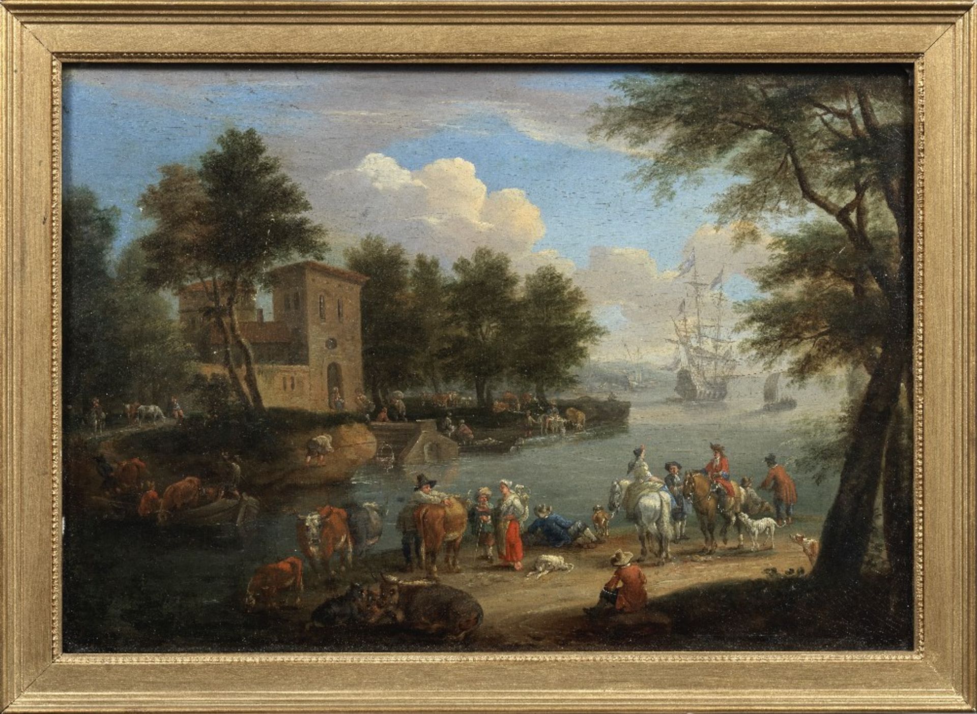 Mathys Schoevaerdts (Brussels 1665-1695) A river landscape with figures on horseback on the banks... - Image 3 of 3