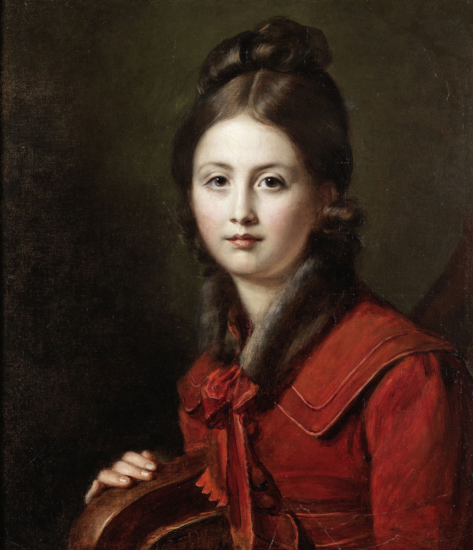 Swiss School, early 19th Century Portrait of a girl, half-length, in a red, fur trimmed dress