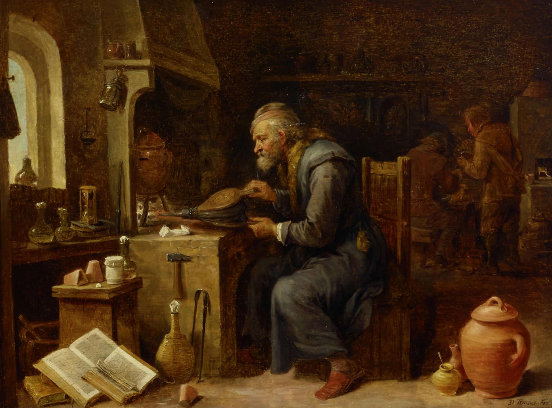 David Teniers the Younger (Antwerp 1610-1690 Brussels) An alchemist in his workshop heating a pot