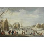 After Joost Cornelisz. Droochsloot, 18th Century A winter landscape with figures skating on a fro...