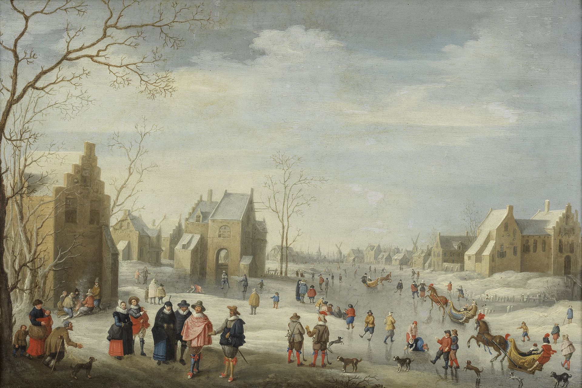 After Joost Cornelisz. Droochsloot, 18th Century A winter landscape with figures skating on a fro...