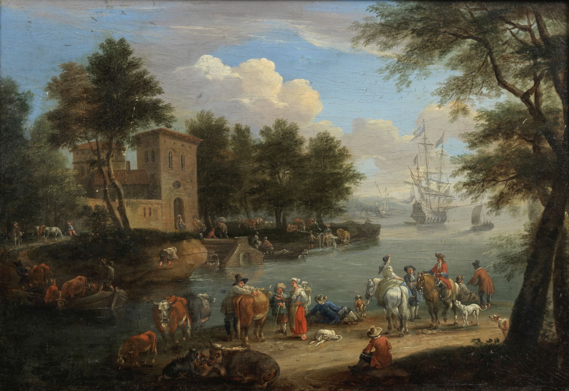 Mathys Schoevaerdts (Brussels 1665-1695) A river landscape with figures on horseback on the banks...