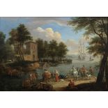 Mathys Schoevaerdts (Brussels 1665-1695) A river landscape with figures on horseback on the banks...