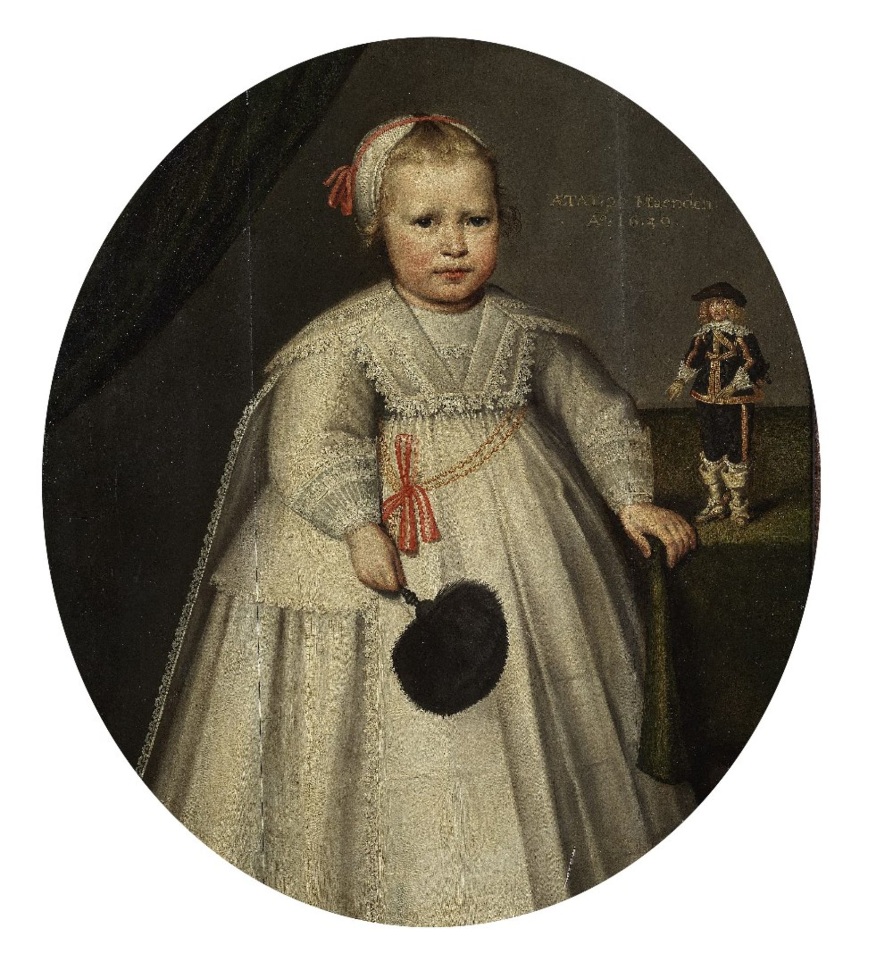 Dutch School, 1639 Portrait of a child, full-length, in white costume, with a male figurine - Bild 3 aus 3