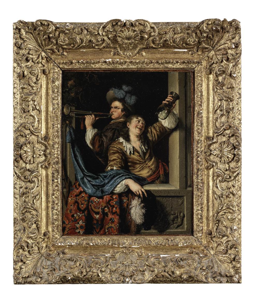 Willem Van Mieris the Elder (Leiden 1662-1747) A trumpeter at a casement window with another figu... - Image 2 of 3