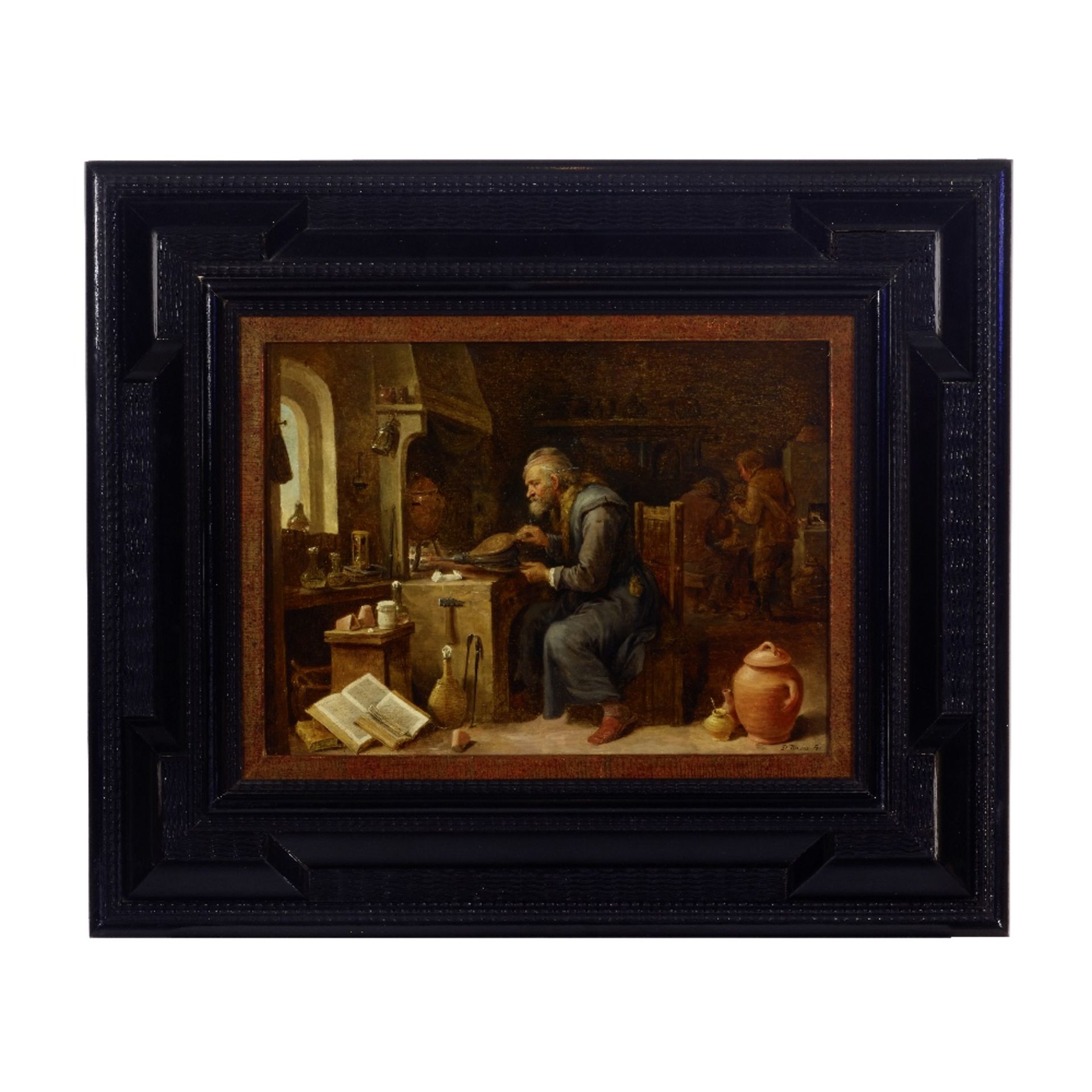 David Teniers the Younger (Antwerp 1610-1690 Brussels) An alchemist in his workshop heating a pot - Image 2 of 3