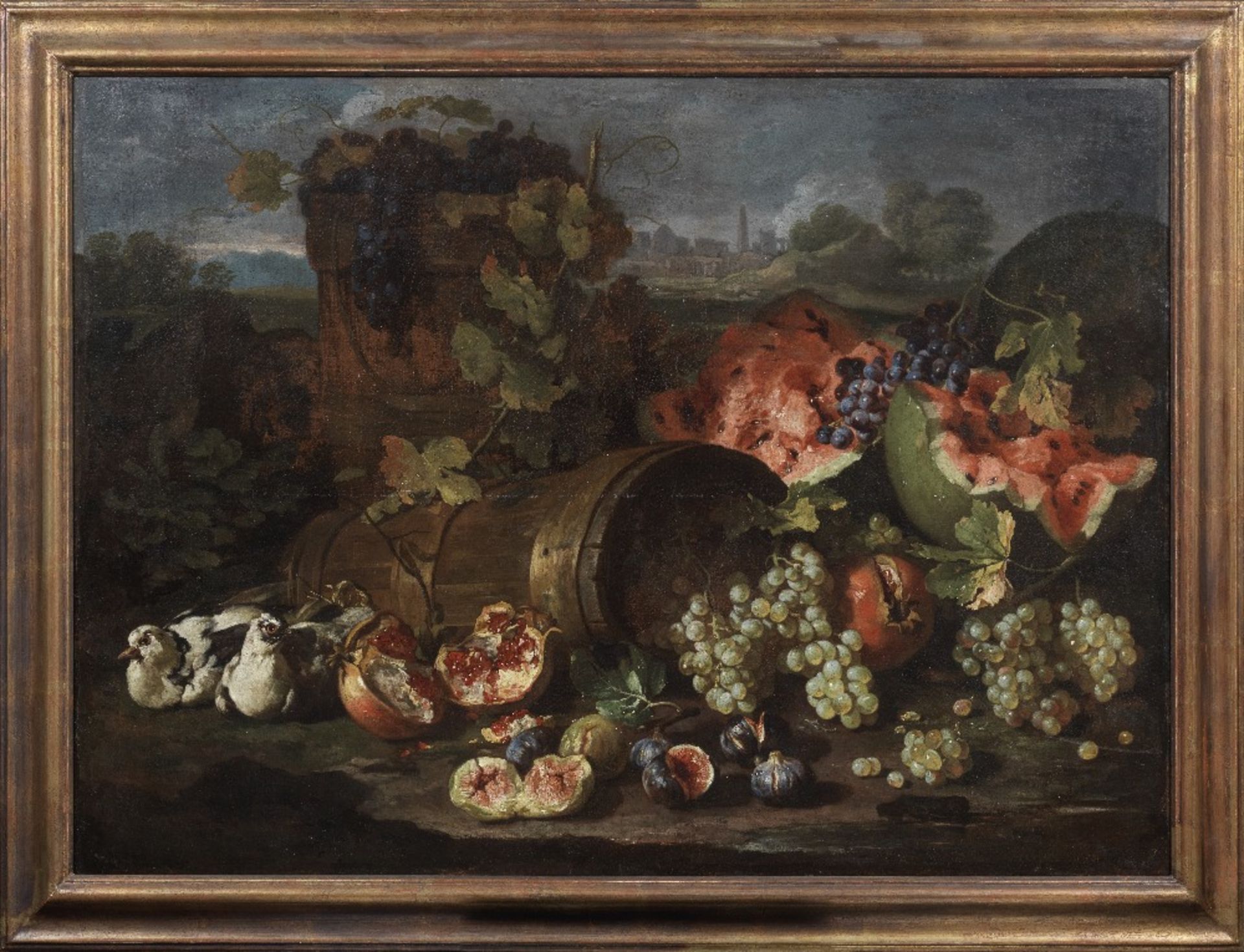 Roman School, early 17th Century An overturned barrel of grapes, with birds, pomegranates, figs ... - Image 2 of 3