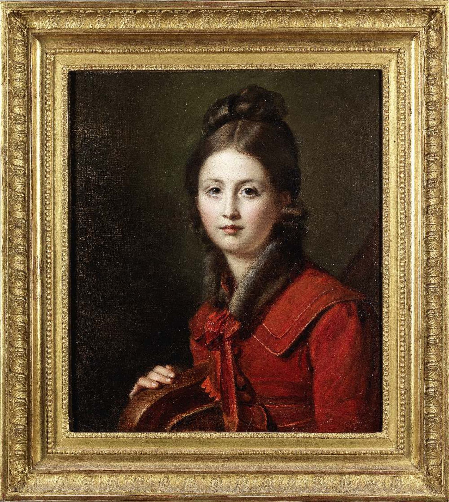 Swiss School, early 19th Century Portrait of a girl, half-length, in a red, fur trimmed dress - Image 2 of 3