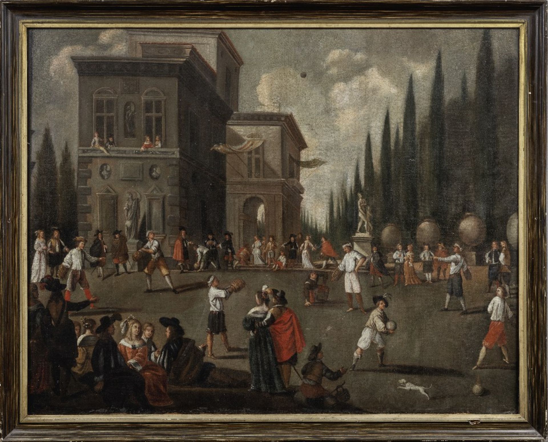 Italian School, 17th Century Figures playing il gioco della palla al bracciale in the grounds of ... - Image 2 of 3