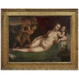 Follower of Tiziano Vecellio, called Titian (Pieve-di-Cadore 1485-1576 Venice) Reclining Venus su...