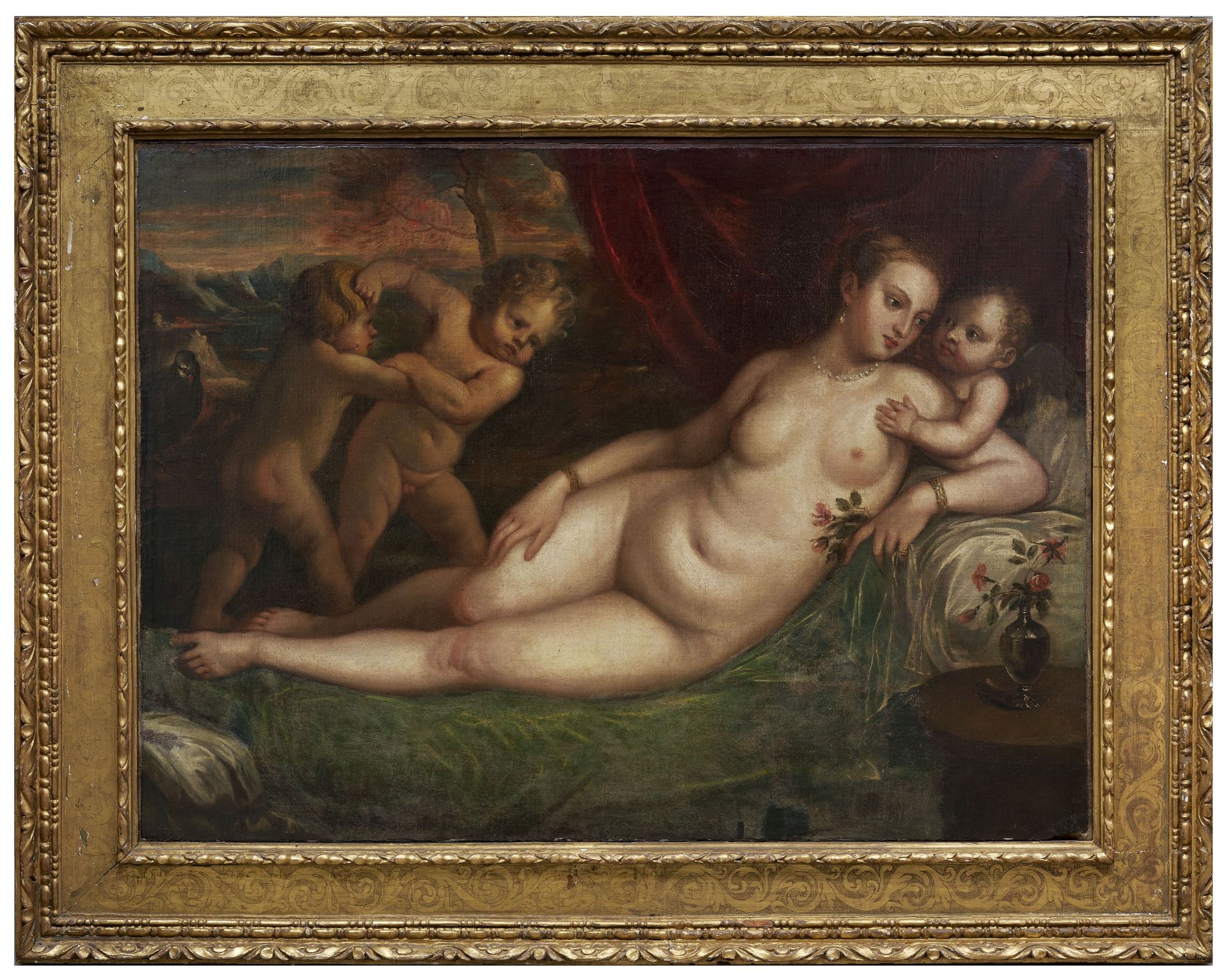 Follower of Tiziano Vecellio, called Titian (Pieve-di-Cadore 1485-1576 Venice) Reclining Venus su...