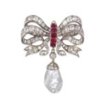 DIAMOND, RUBY AND NATURAL PEARL BOW BROOCH/PENDANT, MID 19TH CENTURY