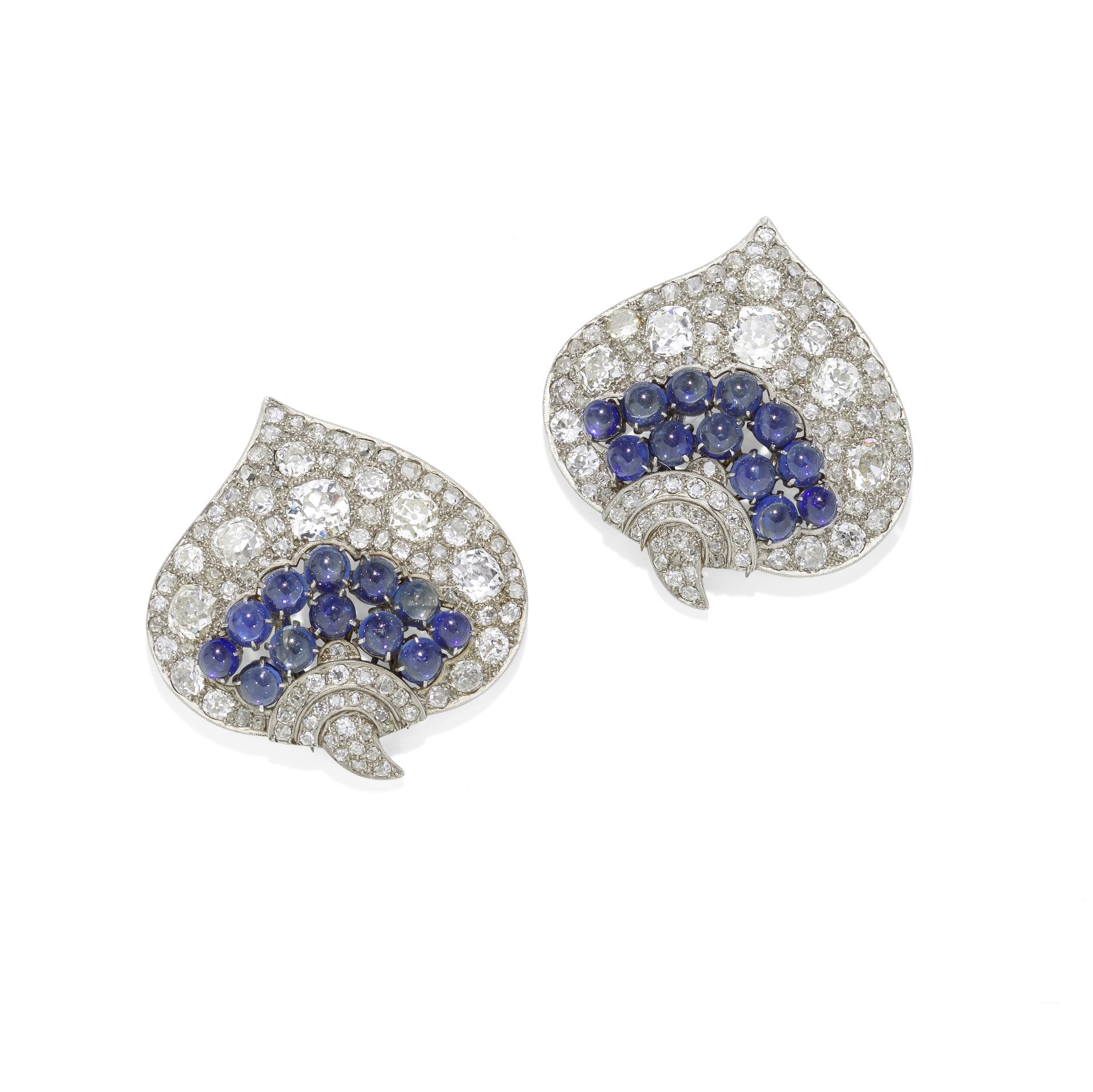 PAIR OF ART DECO SAPPHIRE AND DIAMOND LEAF CLIPS, CIRCA 1930