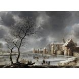 Jan Abrahamsz. Beerstraten (Amsterdam 1622-1666) A winter landscape with skaters on a river near ...