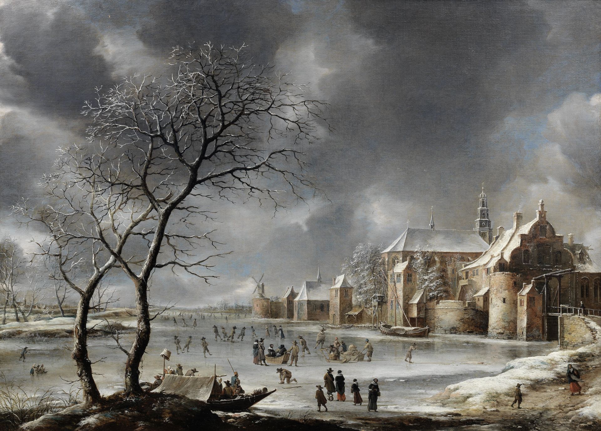 Jan Abrahamsz. Beerstraten (Amsterdam 1622-1666) A winter landscape with skaters on a river near ...