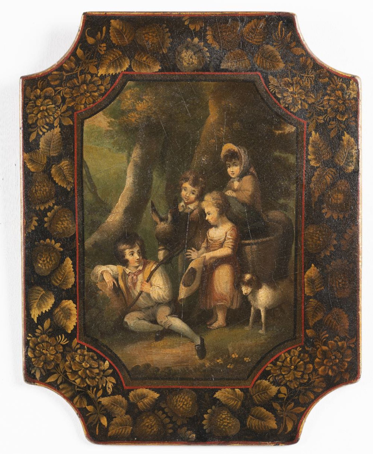 A pair of Regency black polychrome decorated papier m&#226;ch&#233; panels (2) - Image 2 of 2