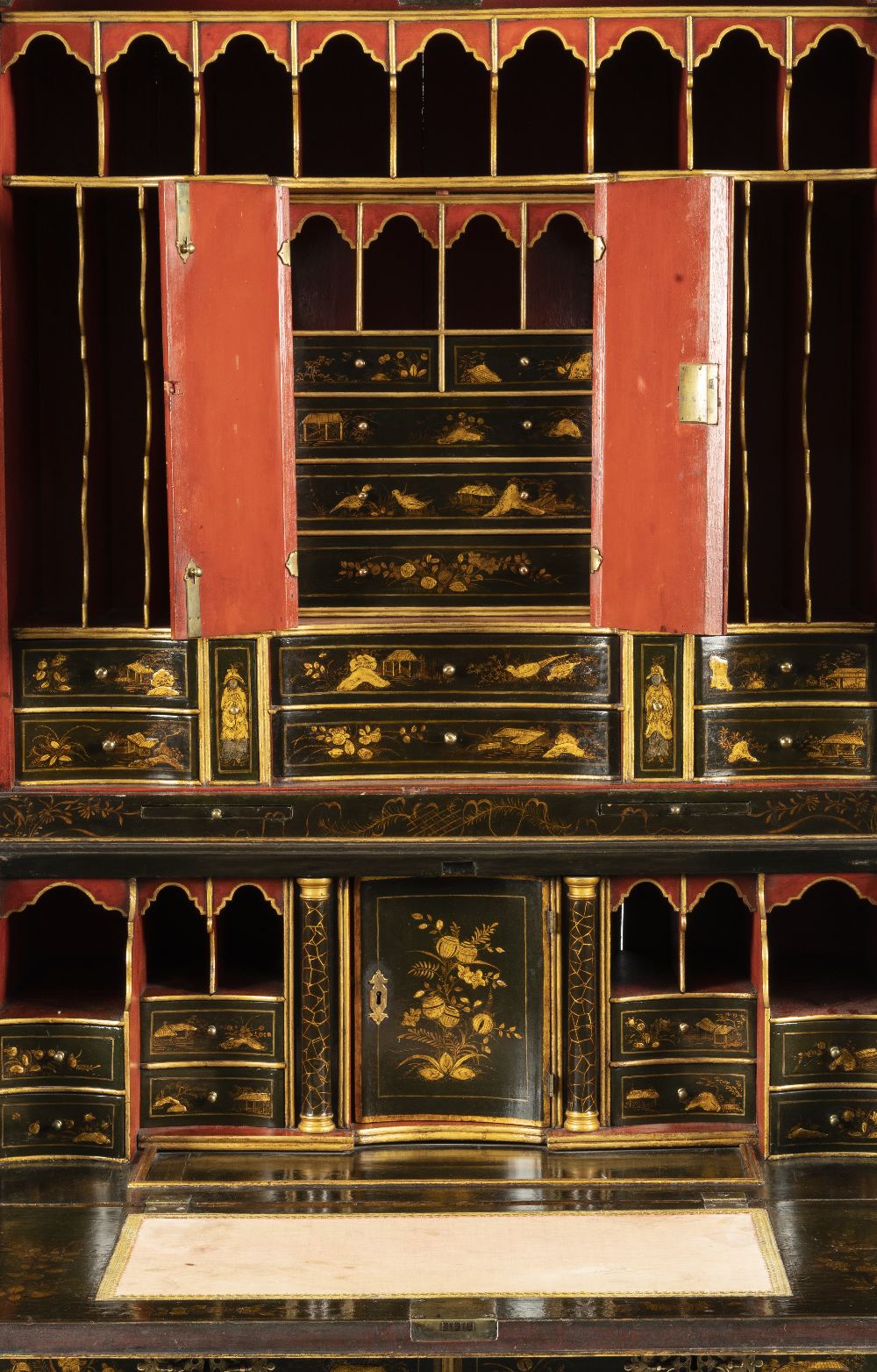 A fine and rare George I dark green and gilt japanned bureau-cabinetIn the manner of John Belchie... - Image 4 of 7
