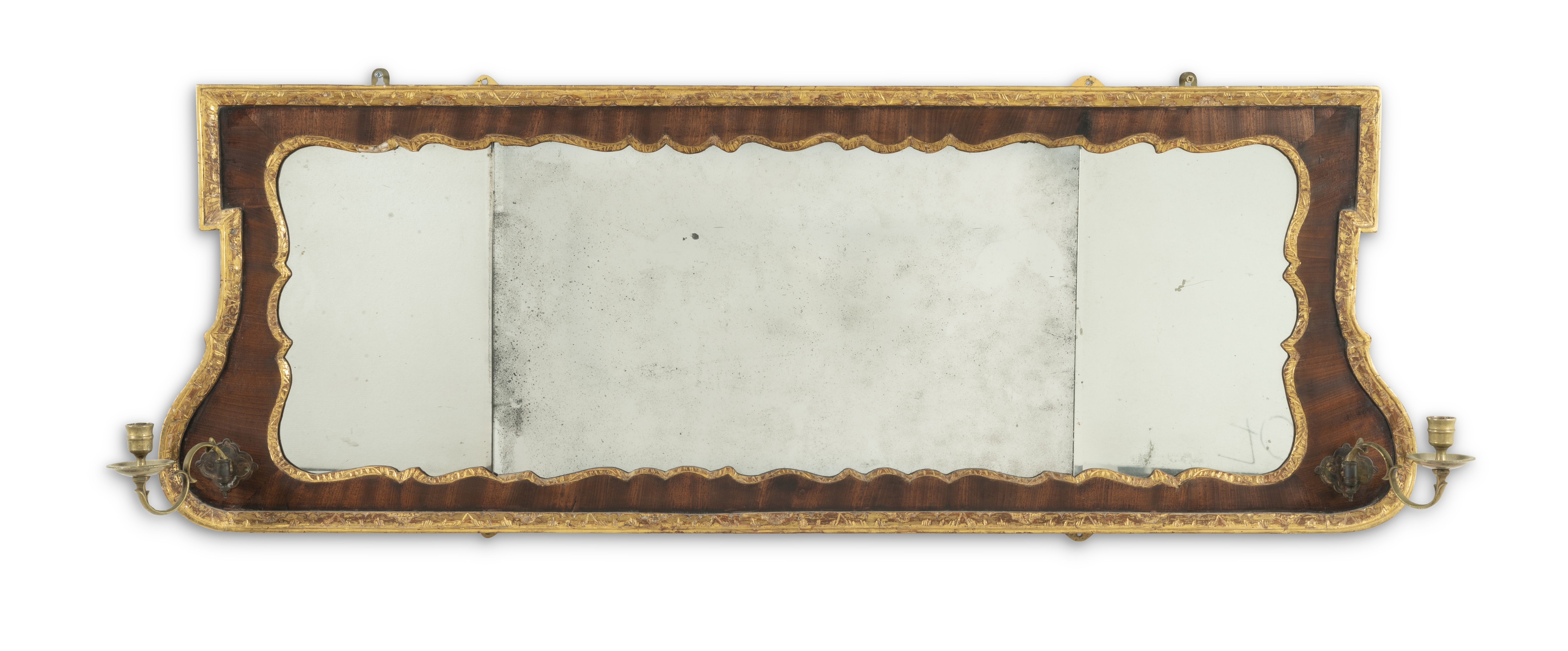 A walnut and parcel-gilt rectangular overmantel mirror George I and later