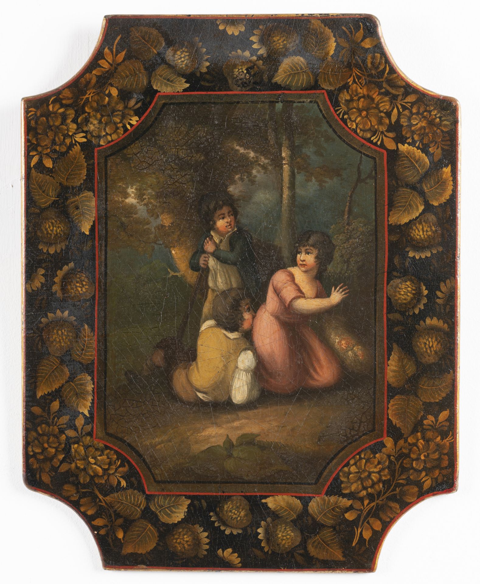 A pair of Regency black polychrome decorated papier m&#226;ch&#233; panels (2)