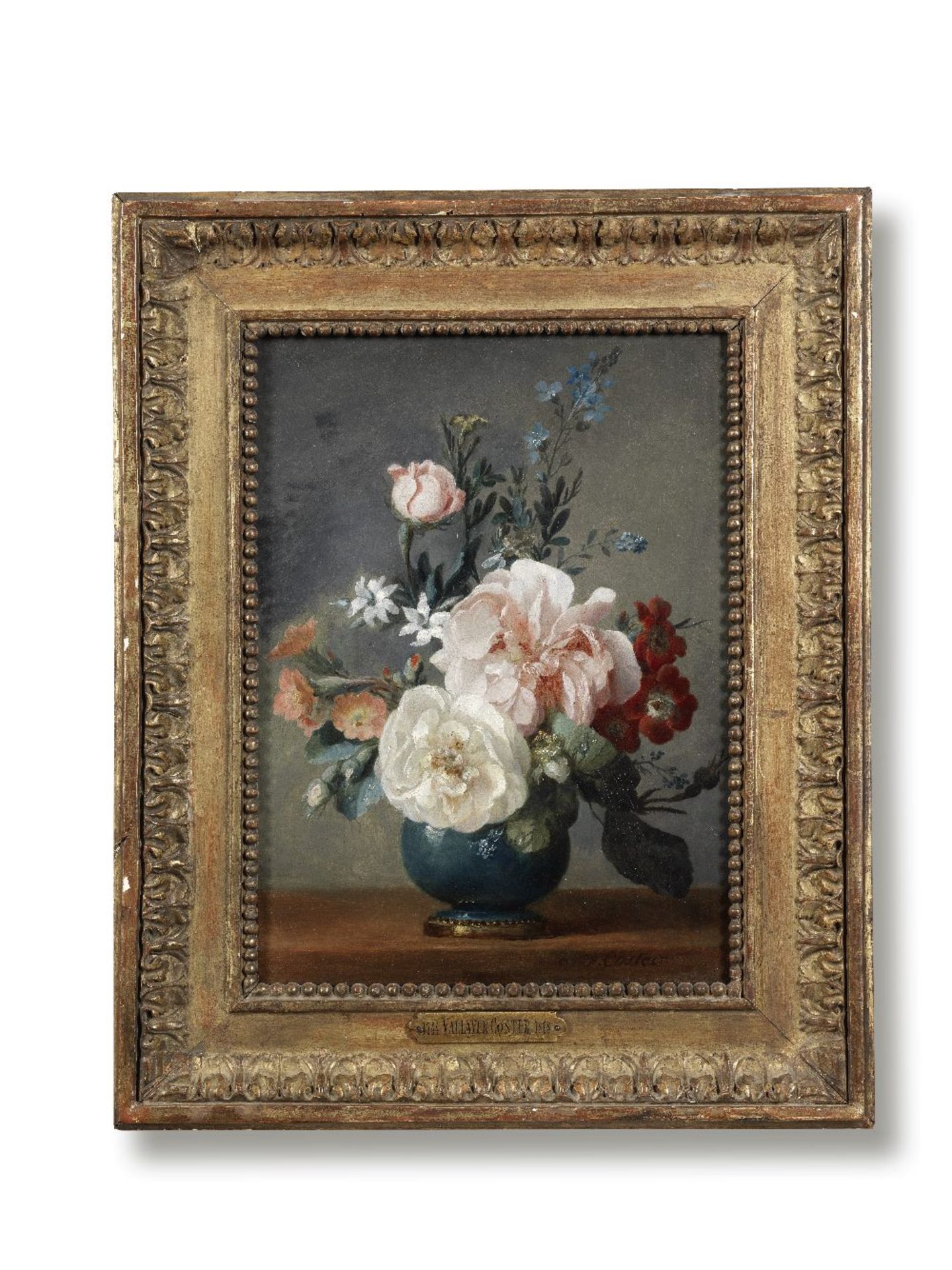 Anne Vallayer-Coster (Paris 1744-1818) Roses, orange blossom and other flowers in a blue vase - Image 2 of 3