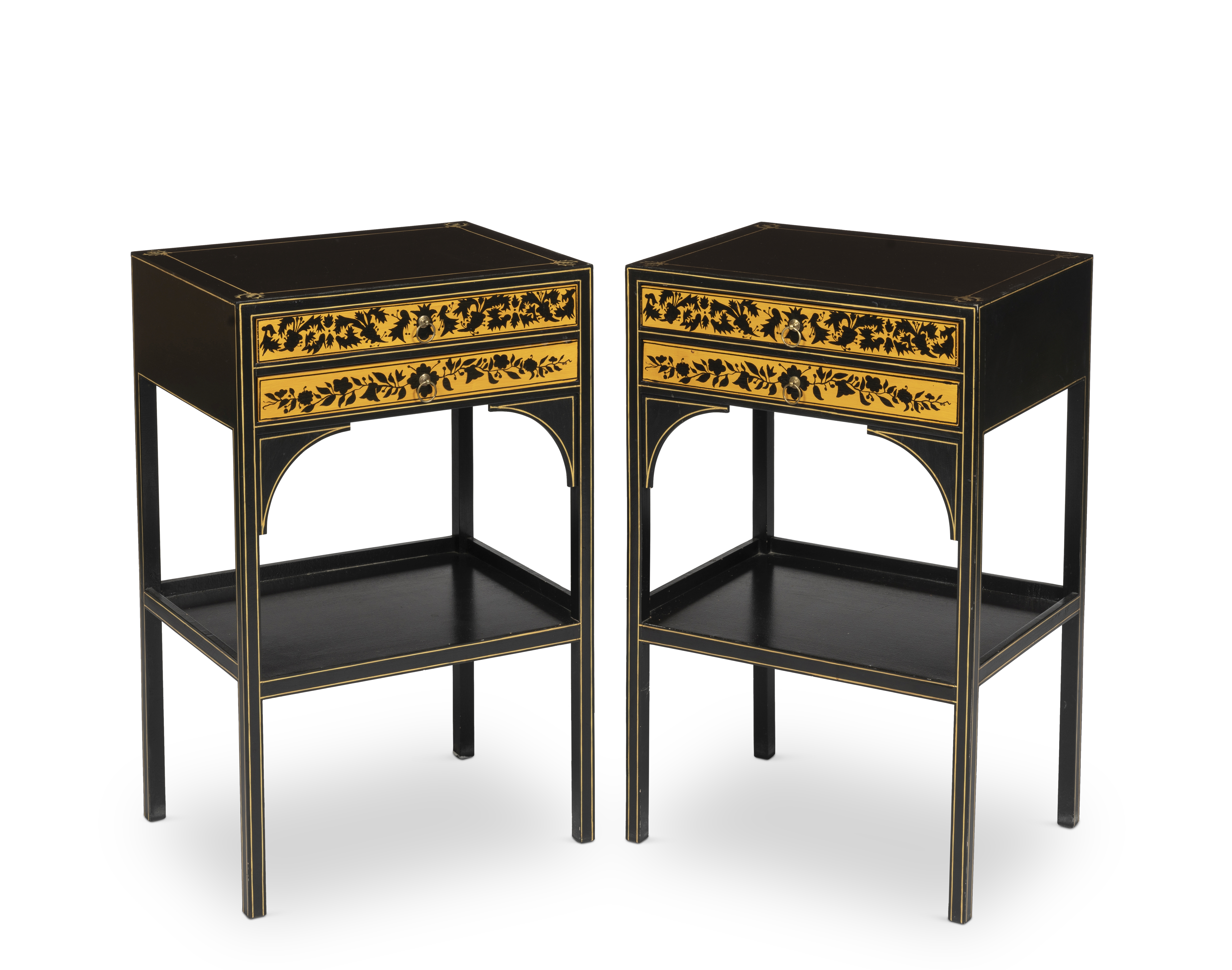 A pair of George III style ebonised and simulated satin birch painted bedside tables (2)