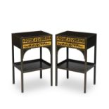 A pair of George III style ebonised and simulated satin birch painted bedside tables (2)