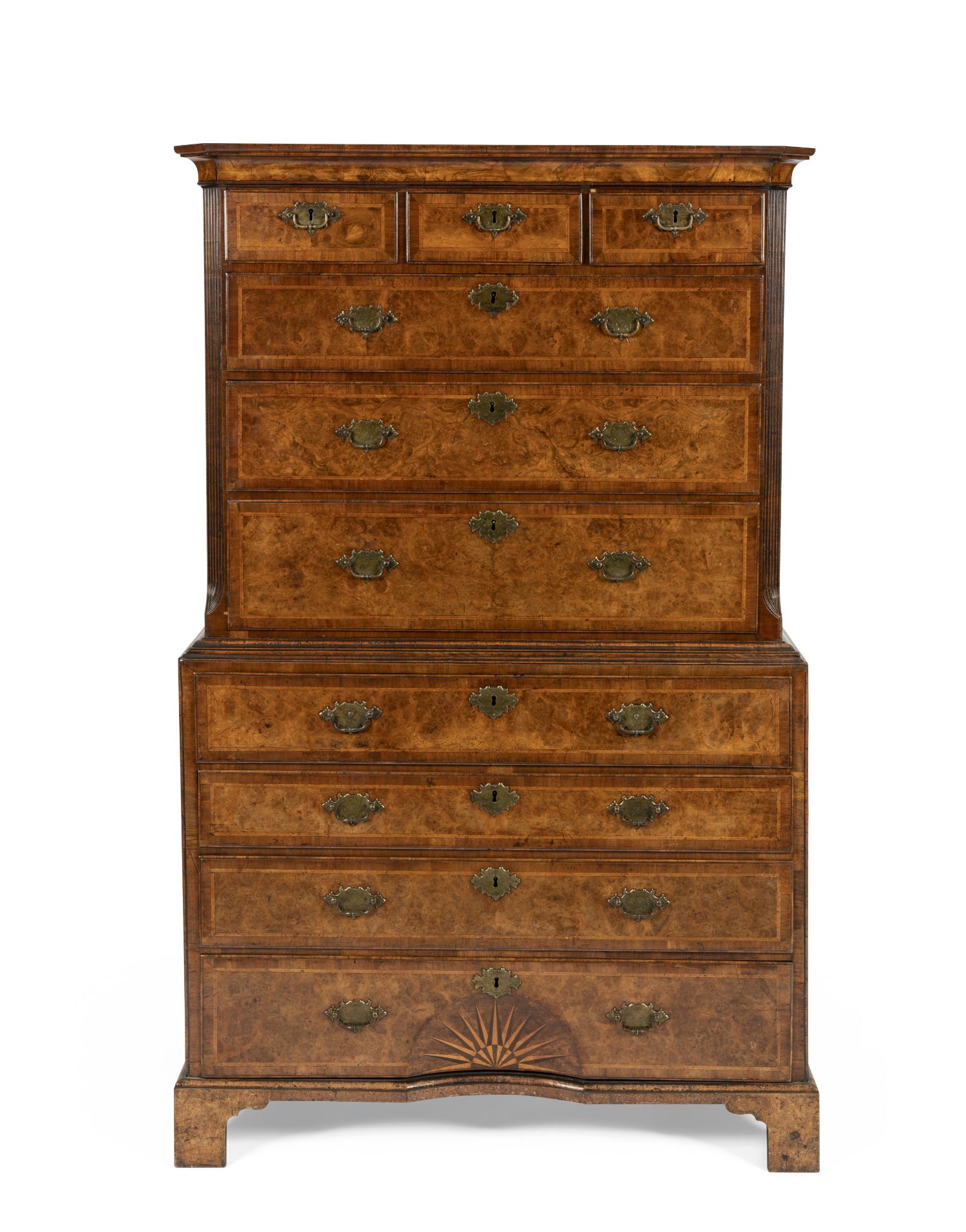 A George I walnut secretaire chest-on-chest