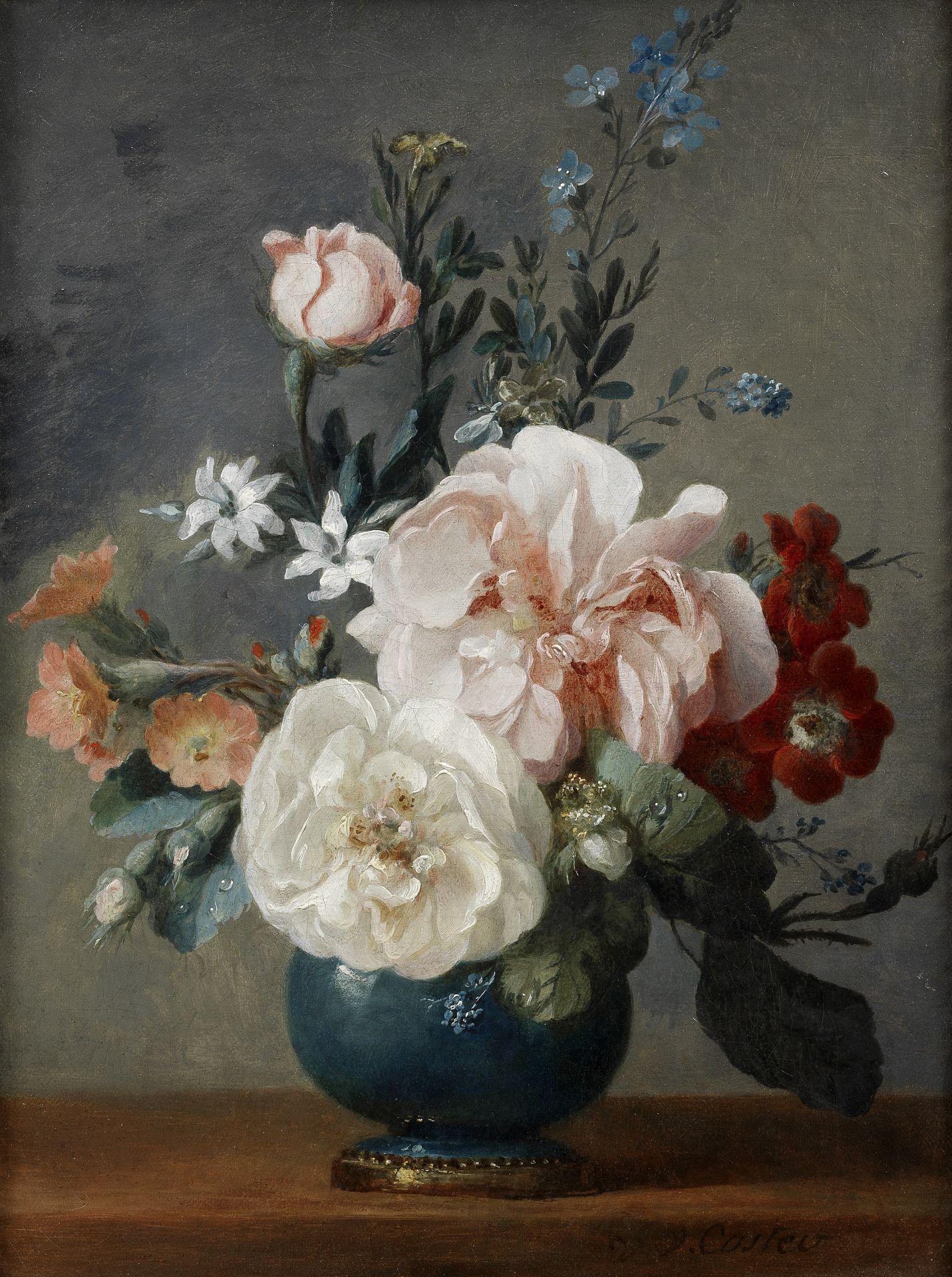 Anne Vallayer-Coster (Paris 1744-1818) Roses, orange blossom and other flowers in a blue vase