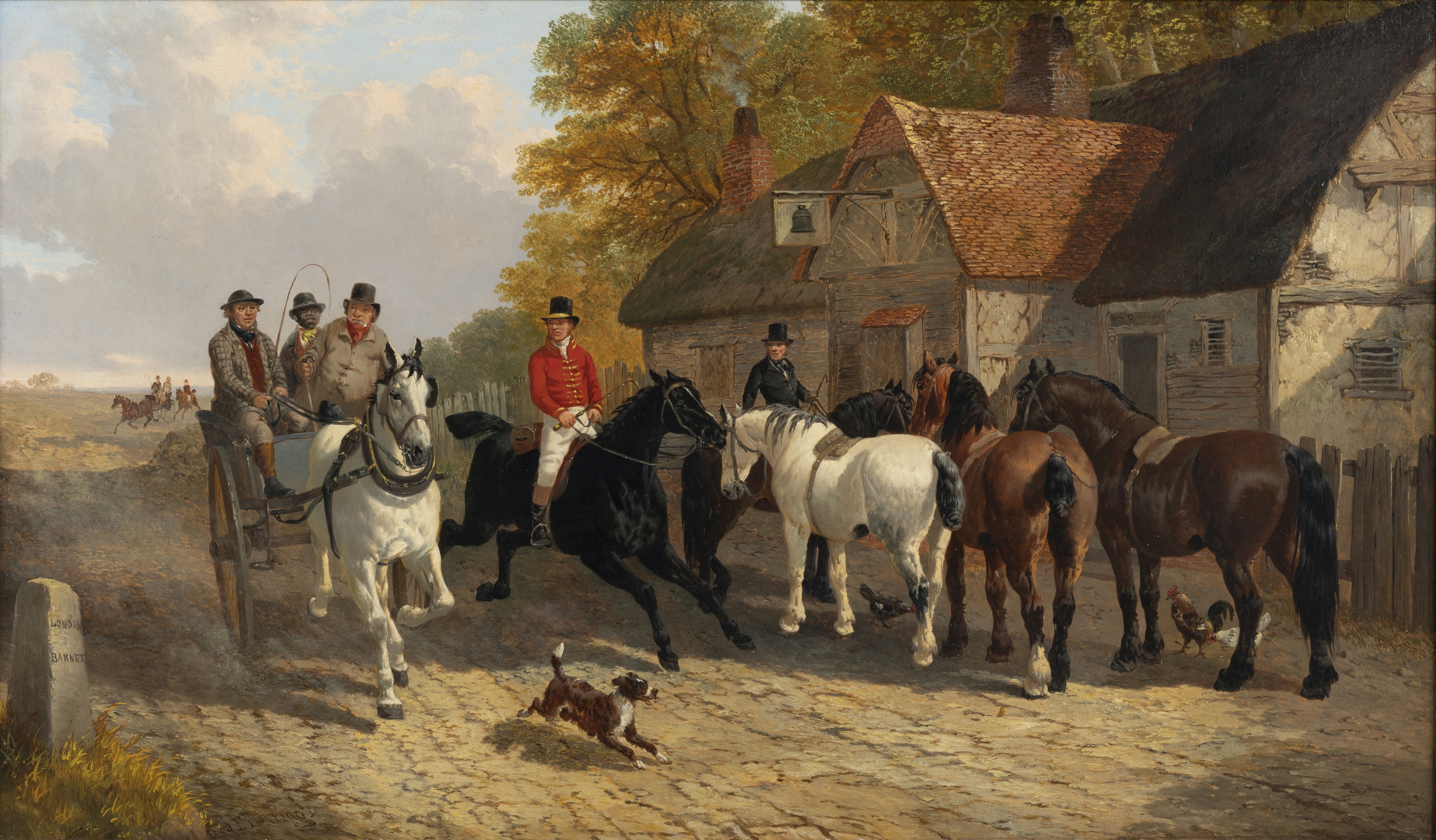 JOHN FREDERICK HERRING, JNR. (C.1820-1907) Going to Barnet Fair Horses and trap outside an inn