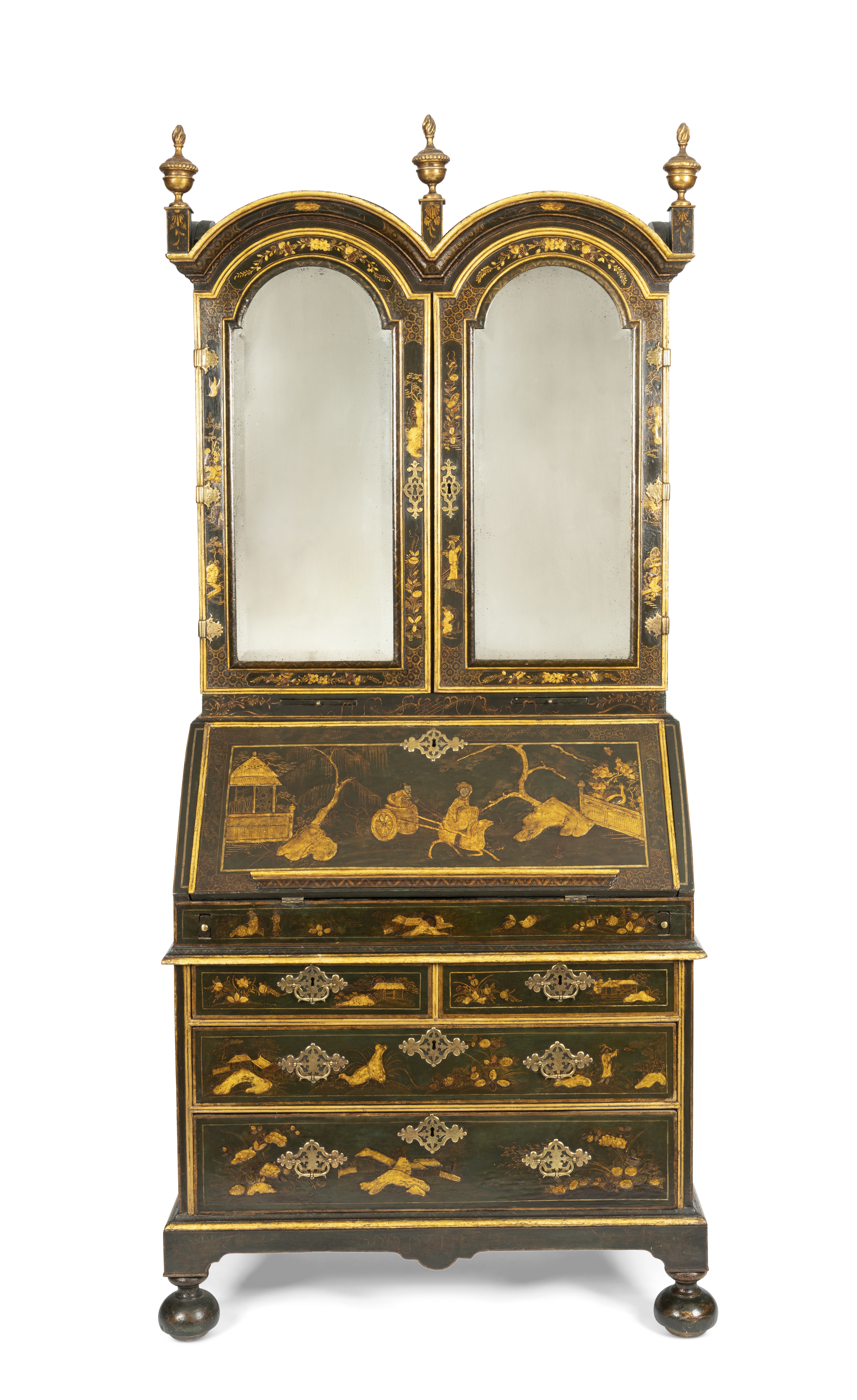 A fine and rare George I dark green and gilt japanned bureau-cabinetIn the manner of John Belchie...