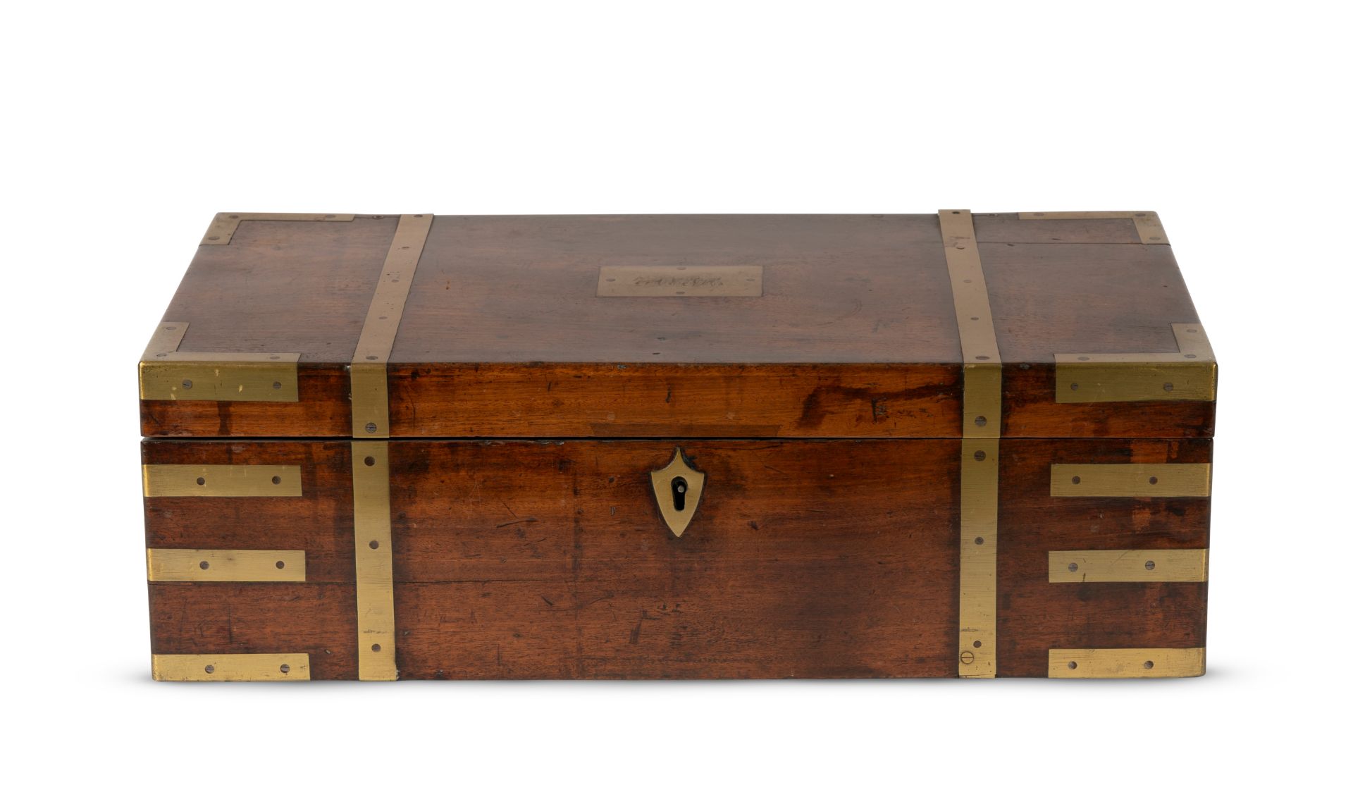 An early 19th century mahogany brass-bound campaign writing slope Made by Edwards