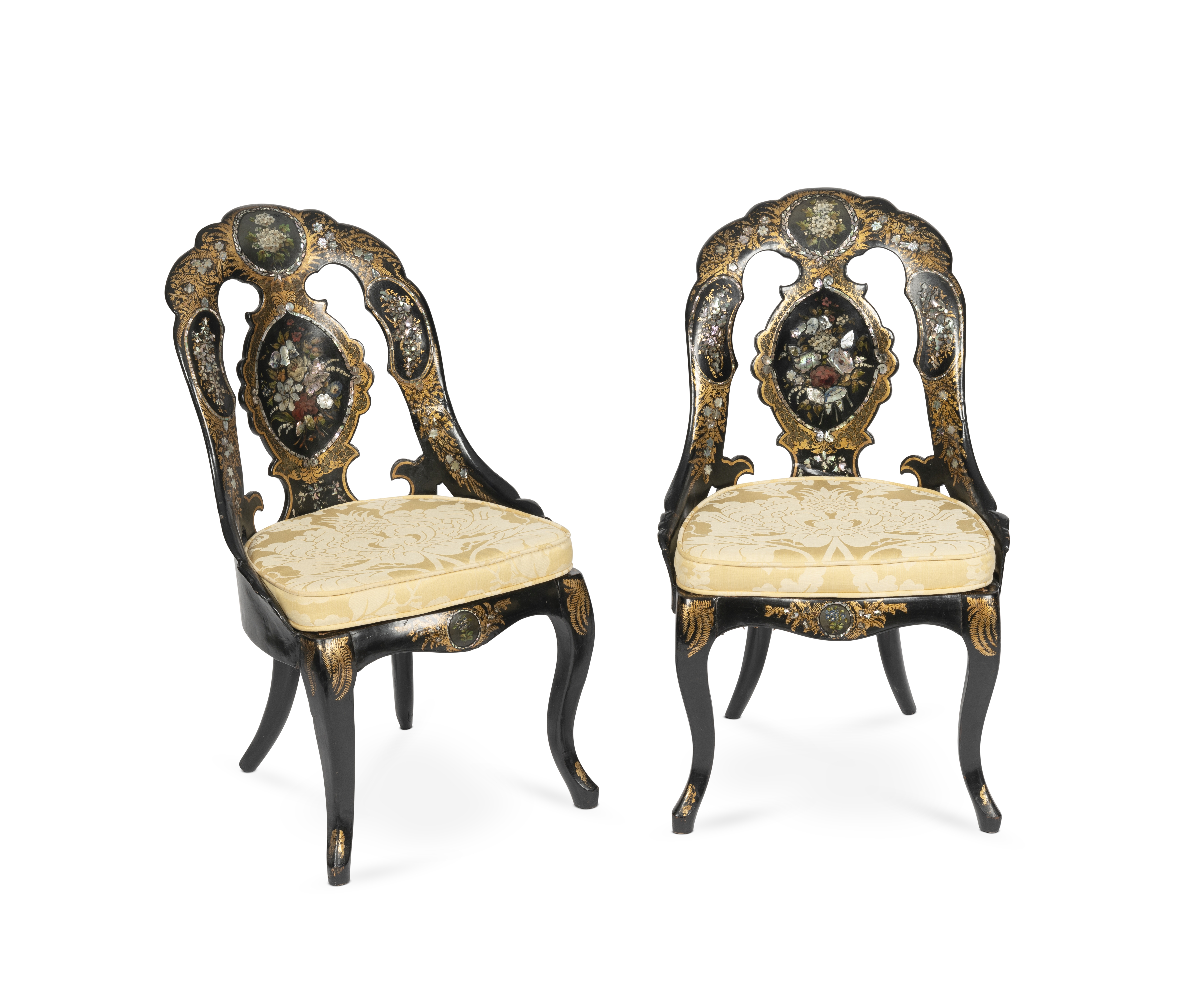 A pair of Victorian papier m&#226;ch&#233; ebonised, polychrome, gilt decorated painted and mothe...