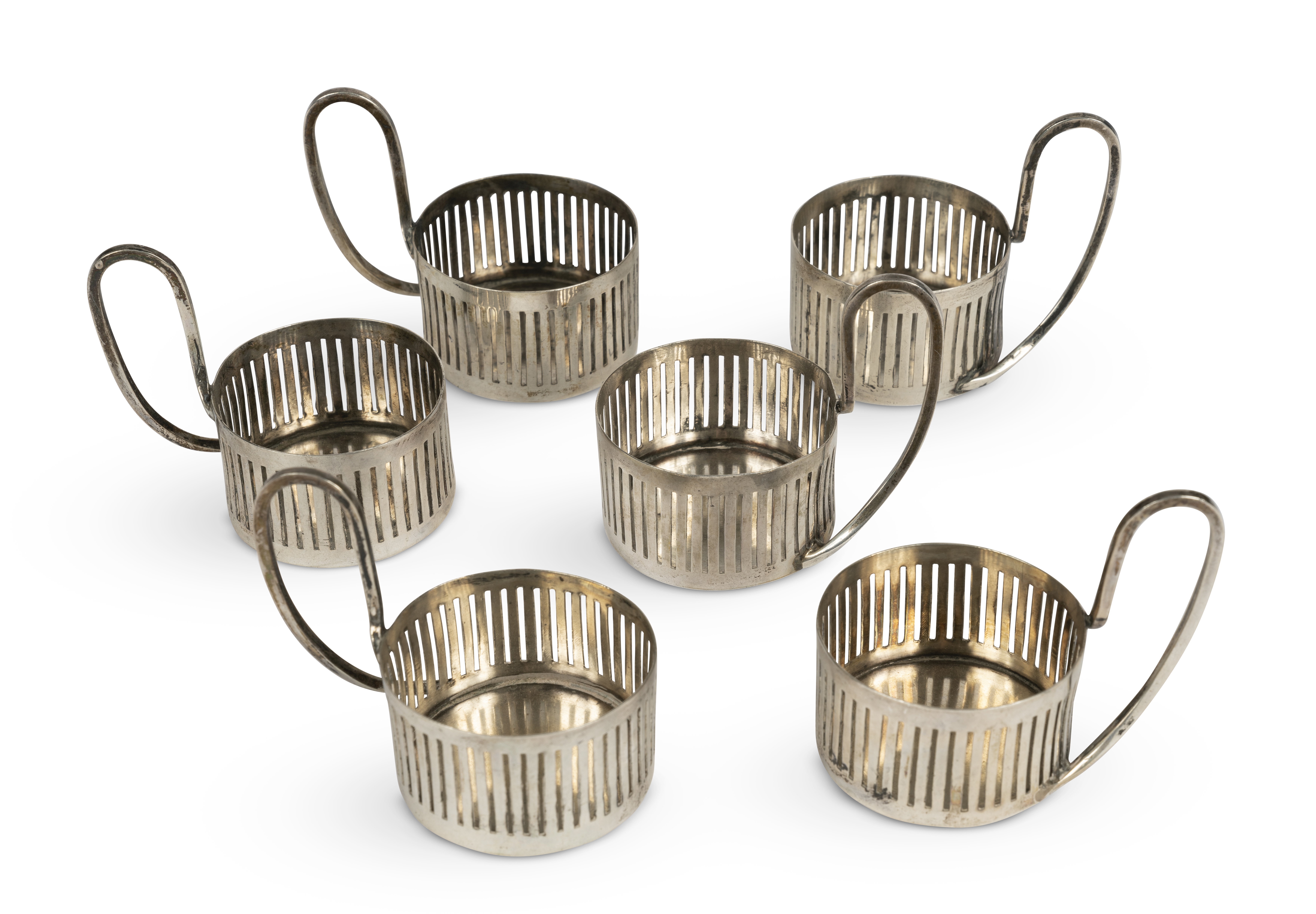 A set of six George V silver drinking glass holders with handles Mark of Maxfield & Sons Ltd, She...