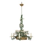 A near pair of French painted tole six-light chandeliers (3)