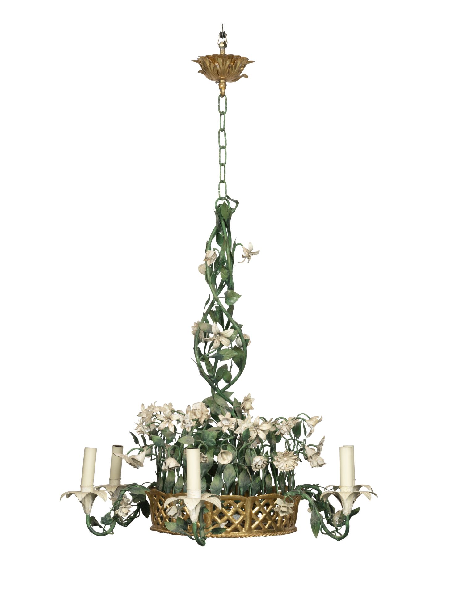 A near pair of French painted tole six-light chandeliers (3)