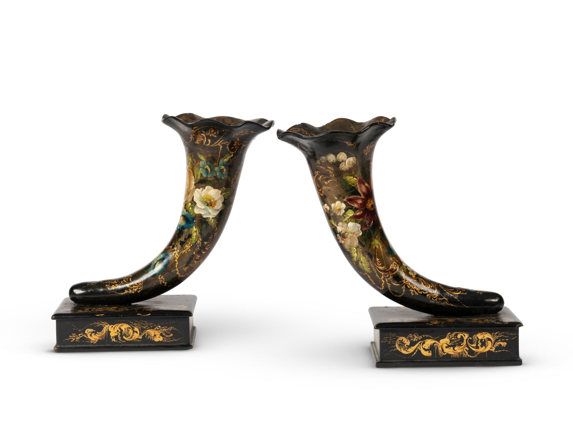A pair of early Victorian black polychrome and gilt decorated papier m&#226;ch&#233; cornucopia (2)