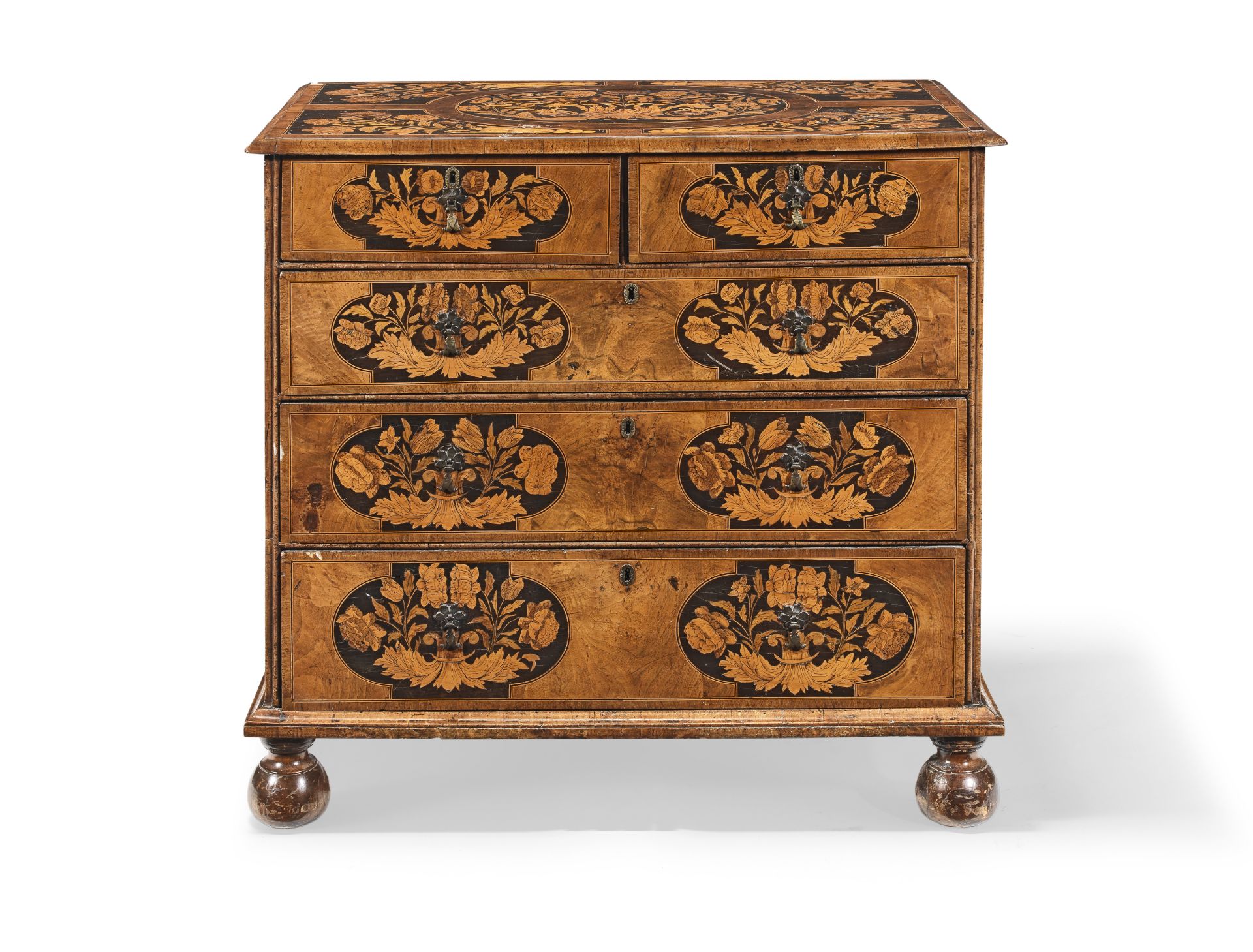 A William and Mary walnut and seaweed marquetry chest