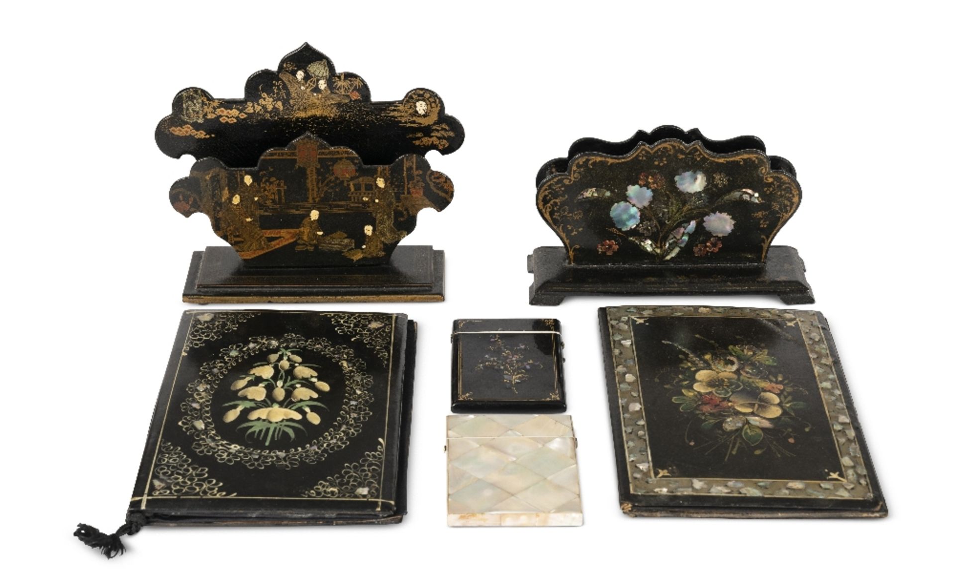 A Victorian papier m&#226;ch&#233; ebonised, floral painted and mother-of-pearl inlaid blotter (6) - Image 2 of 2
