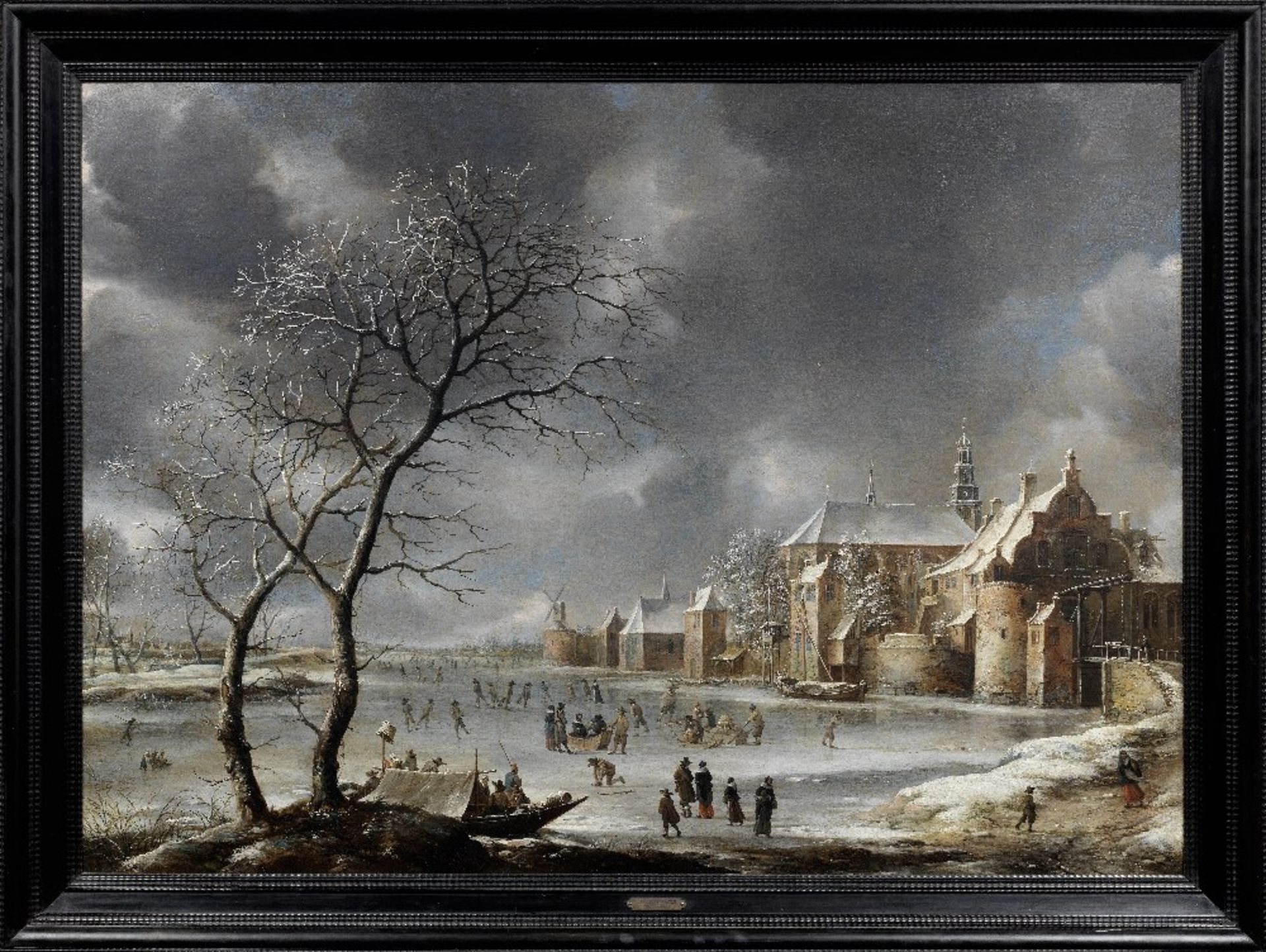 Jan Abrahamsz. Beerstraten (Amsterdam 1622-1666) A winter landscape with skaters on a river near ... - Image 2 of 3