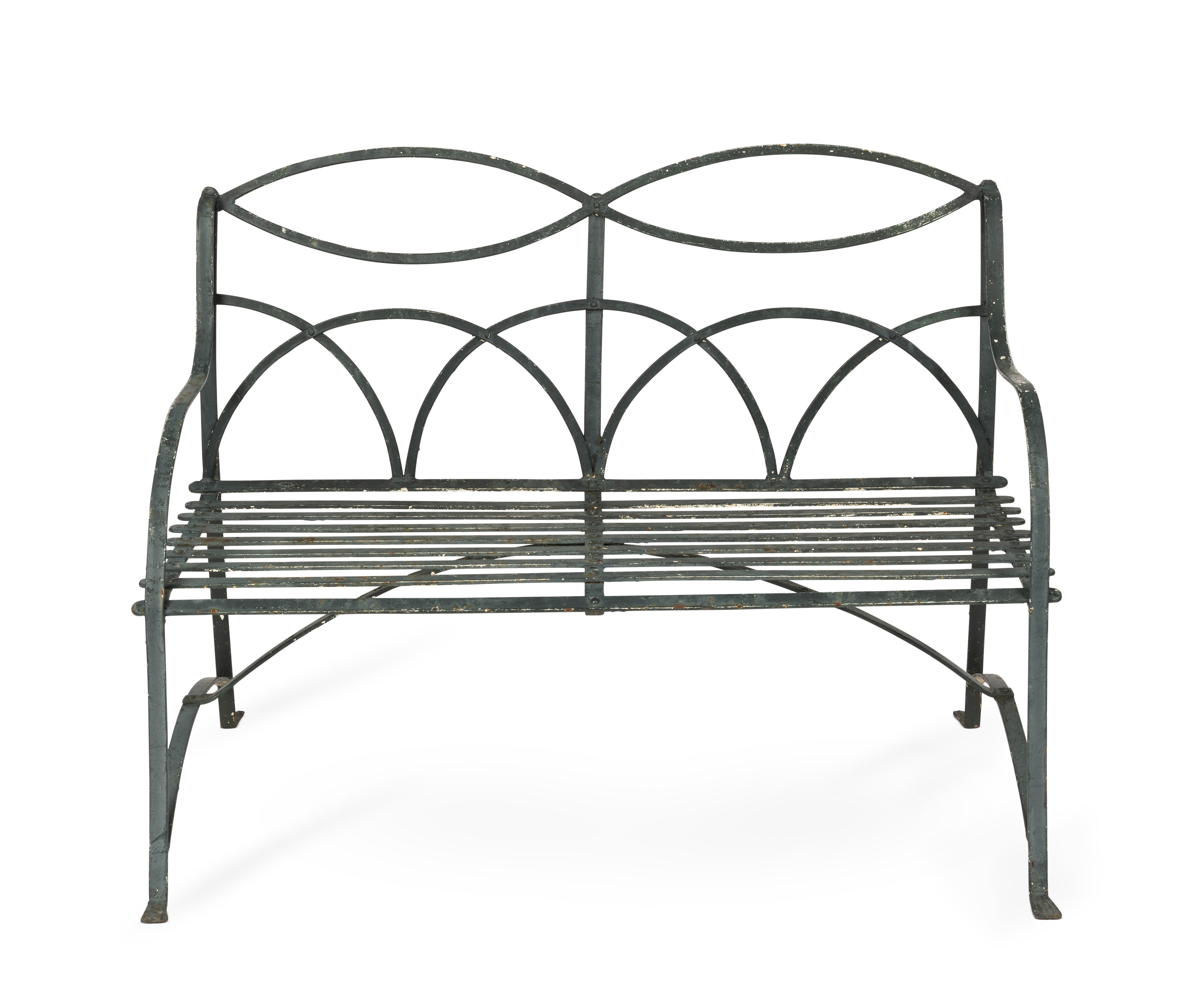 A wrought iron green painted garden seat, together with two matching garden chairs (3)