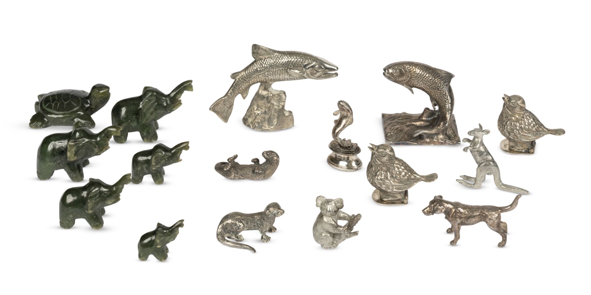 A collection of silver, white metal and nephrite animals Various makers and dates (16)