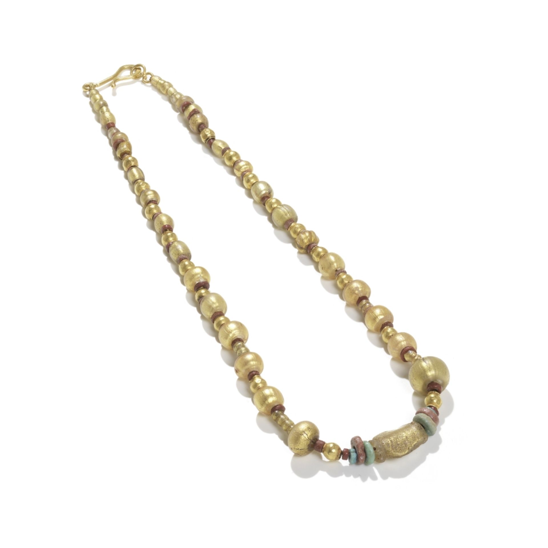 A Roman gilded glass, gold and faience bead necklace