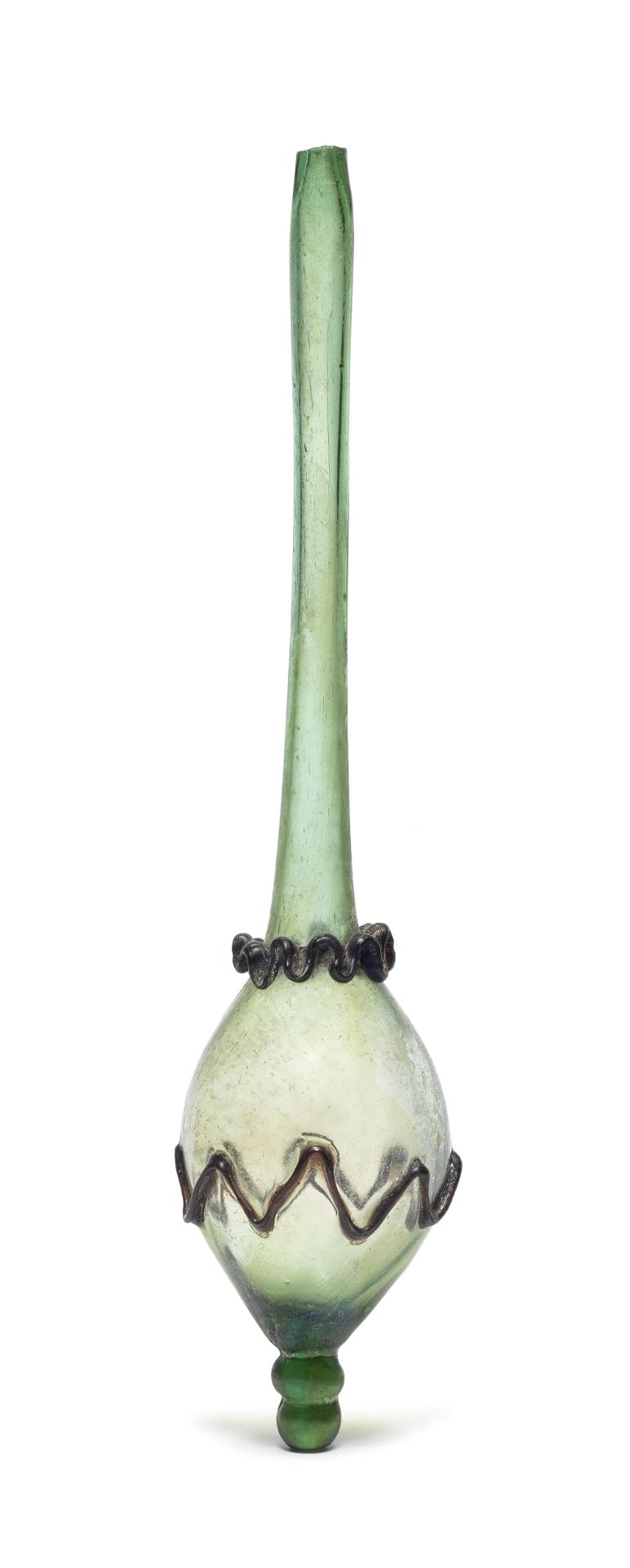 A Late Roman - early Byzantine green glass tall-necked bottle